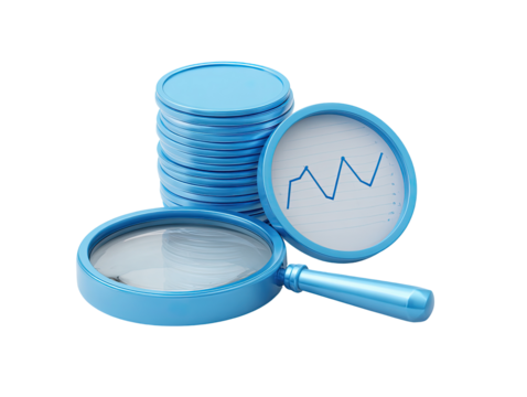 Light blue magnifying glass over stacked coins and a graph