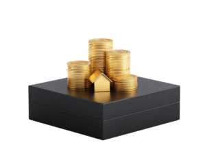 Golden coins stacked in a pyramid shape atop a dark box, with a small golden house on top