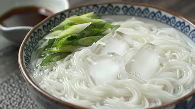 Close Up of Chilled Somen Noodles with Ice Cubes and Scallions in Blue Patterned Bowl Displaying Japanese Summer Cuisine Featuring Fresh Ingredients in A Refreshing Summer Meal Still Life in Earth