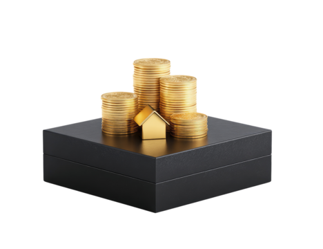 Golden coins stacked in a pyramid shape atop a dark box, with a small golden house on top