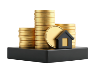 Gold coins stacked in a stylized building shape, with a black house icon on top of a dark base
