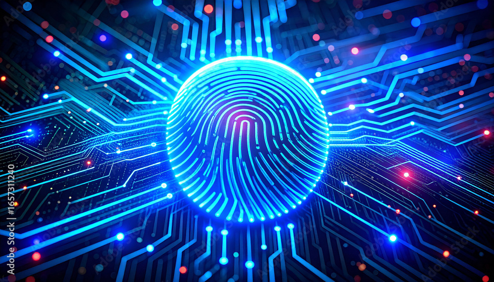 Poster digital fingerprint: a digital fingerprint glowing with data-stream over the circuit-board pattern, 
