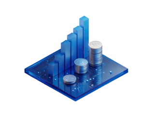 A 3D graphic of a rising bar graph overlaid with stacks of silver coins on a reflective, blue, square base
