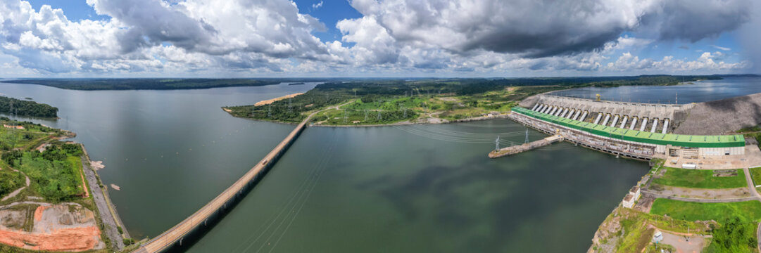 Aerial drone view of the Belo Monte hydroelectric power plant, one of the largest in Brazil, and a bridge over Xingu river near the city of Altamira, in the state of Para