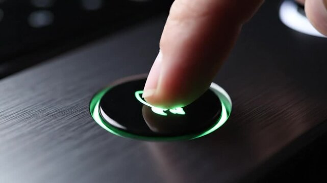 Finger Presses Black Rocket Button with Green Neon Light on Metallic Surface