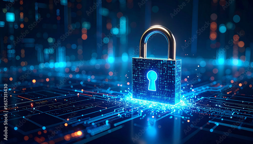 Poster digital fortress: a close-up shot of a digital padlock shimmering with electric light, representing 