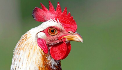 Close-up portrait of a rooster, showcasing its vibrant red comb and wattle, against a blurred green background.