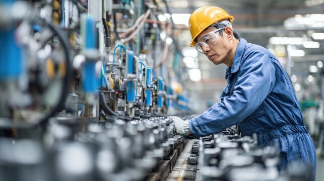 East Asian worker inspecting car parts on production line in factory with modern machinery and bright industrial lighting