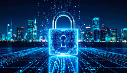 Cybersecurity Shield: A glowing digital padlock safeguards the modern cityscape, symbolizing the essential protection of data and infrastructure in the digital age. 