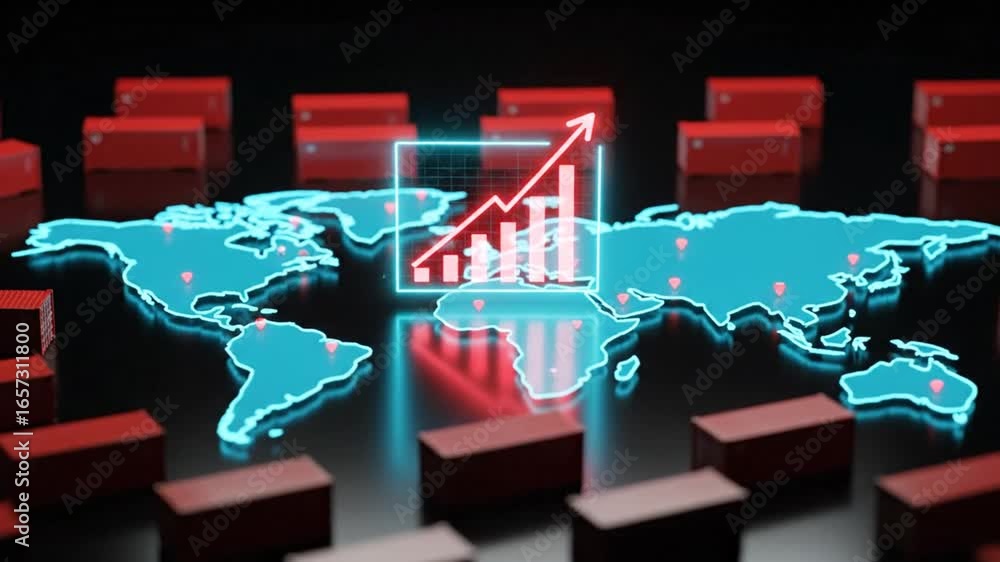 Aufkleber global trade network displaying a rising chart with shipping containers on black background