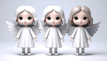 Fototapeta premium A scene of three cute white angels in doll form lined up