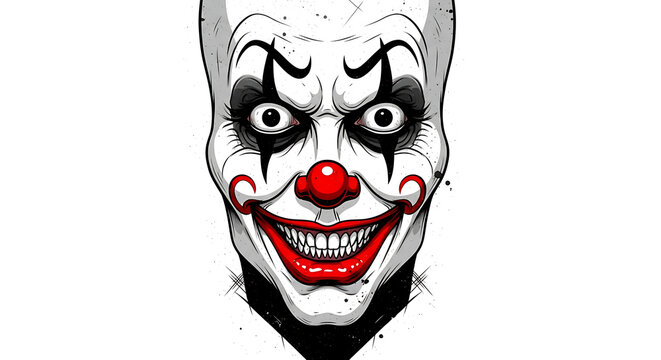 A detailed illustration of a menacing clown face with exaggerated features and intense expression