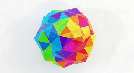 A vibrant multicolored geometric sphere composed of triangles against a white background casting a soft shadow