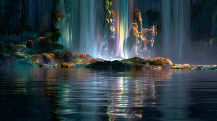 Dynamic ultra-wide shot of a colossal waterfall, where water is replaced by a cascade of liquid stardust and shattered rainbows