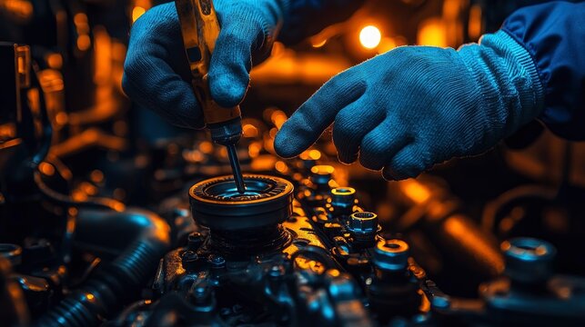 Gloved hands working on a complex engine