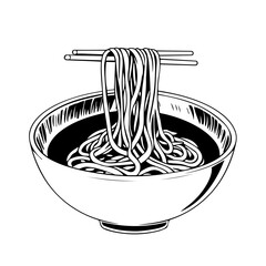 Bowl Of Delicious Noodles With Chopsticks In Elegant Monochrome Line Art Illustration.