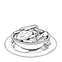 Steaming Bowl of Pasta with Tofu and Vegetables Black and White Line Art Illustration Style