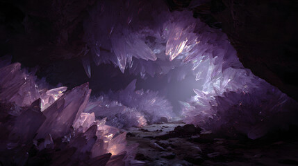 Awe inspiring shot from inside a massive cavern, where the walls and ceiling are covered in giant, translucent crystals.