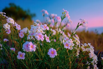 Obraz premium Delicate White and Pink Flowers Blooming in a Meadow at Sunset with a Soft Blue and Pink Sky