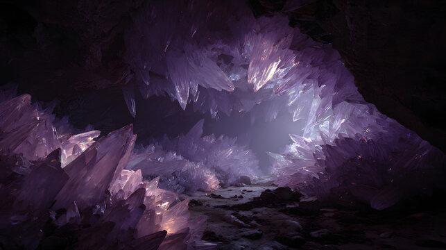 Awe inspiring shot from inside a massive cavern, where the walls and ceiling are covered in giant, translucent crystals.