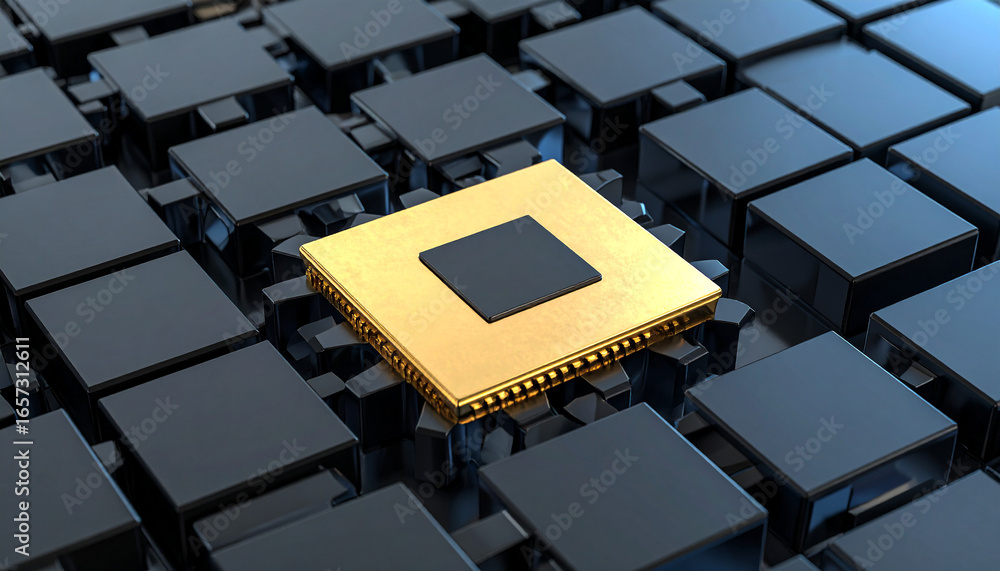 Poster golden circuit chip: a close-up shot of a sophisticated golden circuit chip, resting amidst an array