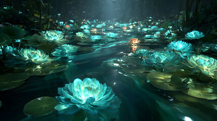 A cinematic perspective shot looking down the length of a river that flows not with water, but with viscous, liquid light in shades of sapphire and emerald. 
