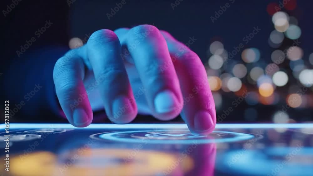 Poster hand interacting with digital tablet display against bokeh lights background
