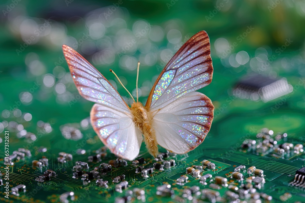 Poster butterfly resting on a green computer circuit board symbolizing technology and nature integration