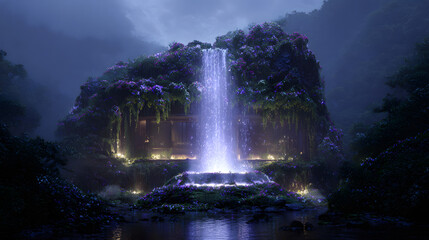 Epic ultra-wide shot of a colossal sofa carved from a living mountain, misty forest. It acts as a cradle for a cascading waterfall of pure liquid starlight that flows from its back