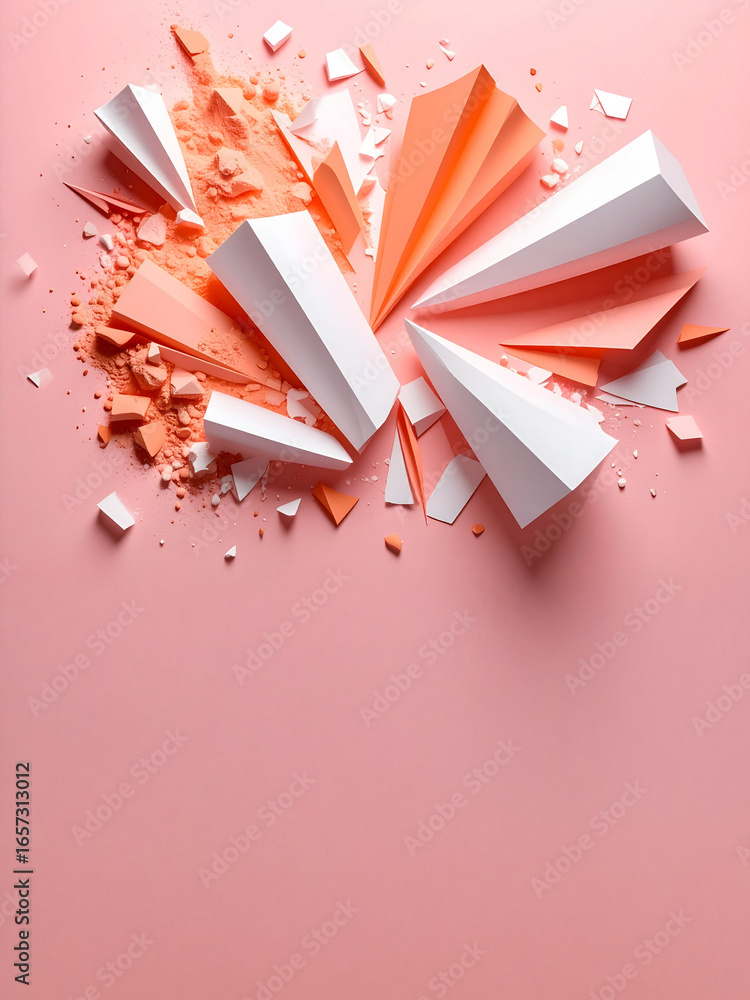 Aufkleber a high-angle shot of an abstract explosion of white and peach-colored paper cones and scattered frag