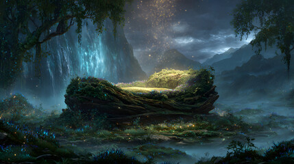Epic ultra-wide shot of a colossal sofa carved from a living mountain, overgrown with glowing flora, resting off-center in a vast, misty forest.