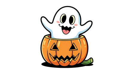 A cartoon ghost with a smiling face popping out of an orange halloween pumpkin on a white background