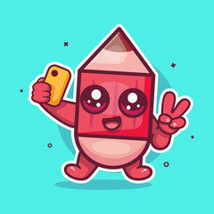 happy pencil character mascot taking a selfie with a smartphone isolated cartoon 