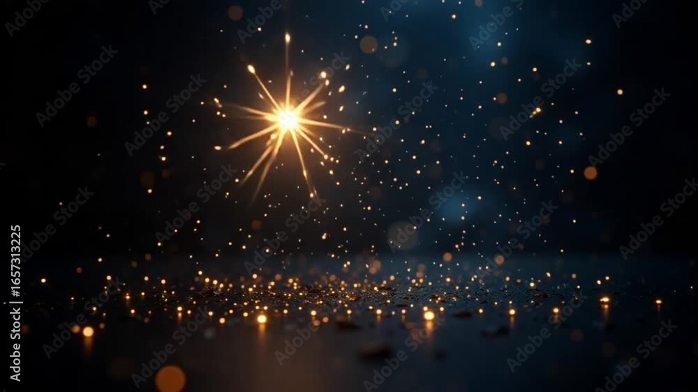 Poster dynamic burst of golden sparks illuminating a dark mysterious background with bokeh