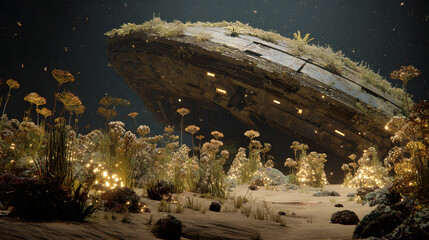 Oblique angle shot of the wreck of a colossal, non-human starship half-buried in the abyssal sand. 