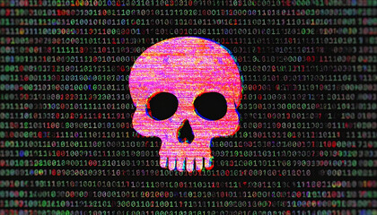 Cybersecurity Threat: A digital skull icon overlaid on a matrix of binary code, representing cyber threats and data breaches in a stylized composition.