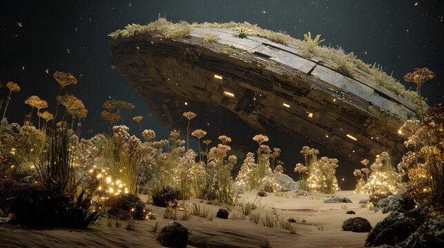Oblique angle shot of the wreck of a colossal, non-human starship half-buried in the abyssal sand. 