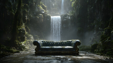 Epic ultra-wide shot of a colossal sofa, seemingly carved from a living mountain