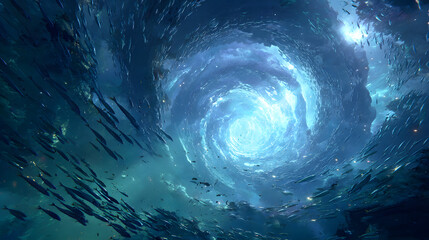 Epic ultra-wide shot of a colossal, permanent whirlpool that doesn't pull things down, but acts as a stable, shimmering liquid portal to the abyssal kingdom below. 