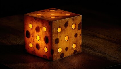Illuminated cube lamp;  amber wood, cut-out dots