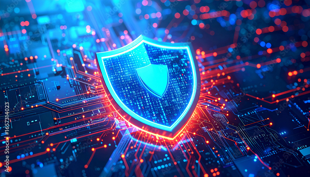 Poster cybersecurity: a digital shield glows with intricate circuitry, embodying the essence of robust secu