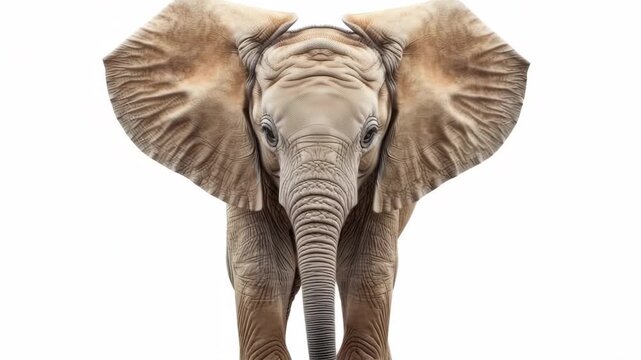 Baby elephant with large ears and curled trunk showing gentle and curious expression wildlife close up portrait white background