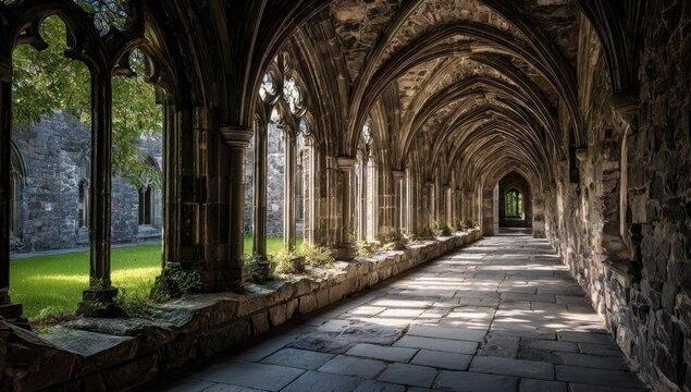 Sunlit stone cloister with Gothic arches, leading to a green courtyard