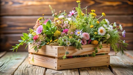 Delicate pink box with mixed wildflowers and greenery in a rustic wooden basket