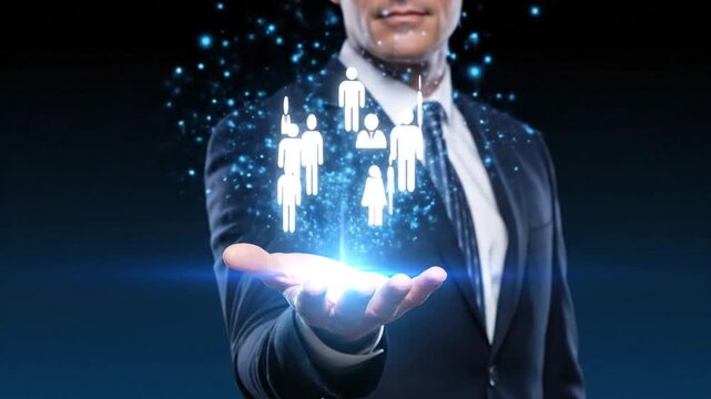 Man in Suit Holding Digital People Group in Hand in Blue Background with Light