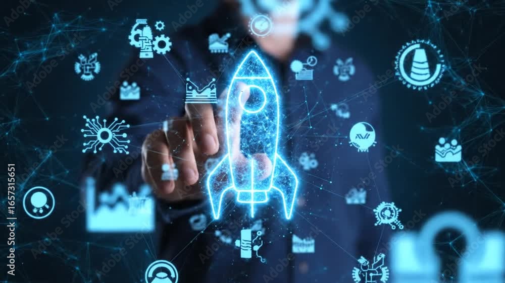 Poster man points to a glowing rocket symbol amidst digital network on dark background