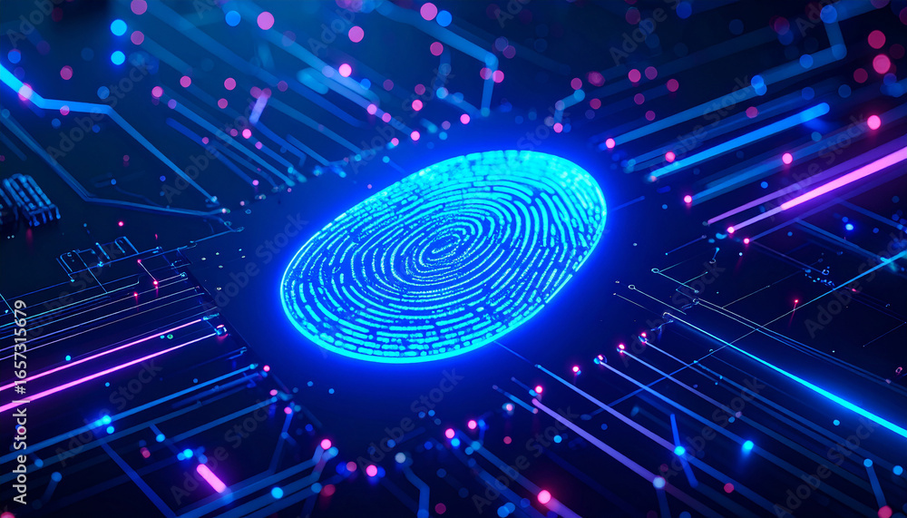 Poster digital security: a high-tech representation of fingerprint security, illuminated with vibrant neon 