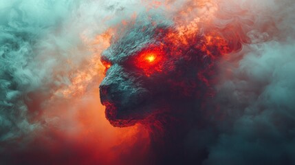 Glowing monster head in smoke and fire