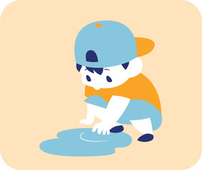 水たまりで遊ぶ男の子のイラスト