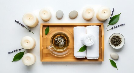 Relaxing Spa Setting with Herbal Tea, Soft Towels, and Natural Elements for Ultimate Calmness and Wellness Experience | Ideal for Wellness Centers, Spas, and Home Relaxation